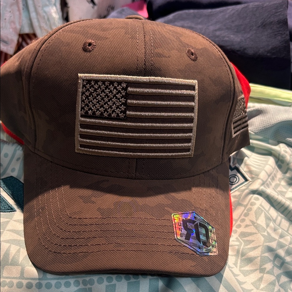 Patriotic Brown Cap with Embroidered Flag